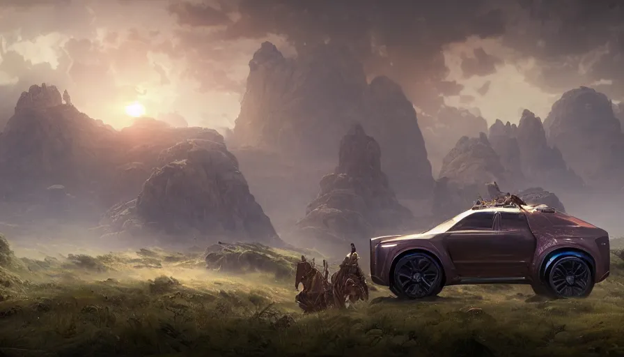 Prompt: a concept suv designed by rolls royce driving through madagascar, artgerm and greg rutkowski and alphonse mucha, an epic fantasy, volumetric light, detailed, establishing shot, an epic fantasy, trending on art station, octane render, midsommar