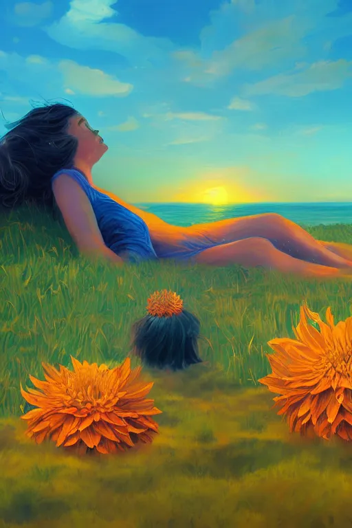 Image similar to closeup giant dahlia flower head, girl laying on beach, surreal photography, blue sky, sunrise, dramatic light, impressionist painting, digital painting, artstation, simon stalenhag