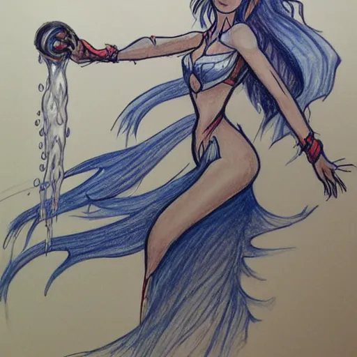 Image similar to a drawing of a woman controlling water, concept art by mor than, featured on deviantart, sots art, official art, dynamic pose