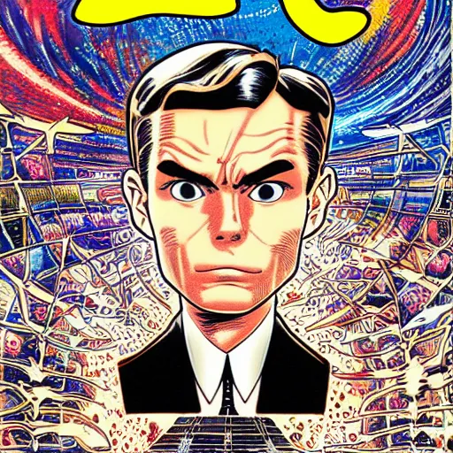 Image similar to alan turing manga comic book cover, action, explosions, by alex grey