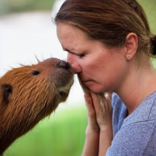 Image similar to woman praying to a capybara that is sitting on a pedastal