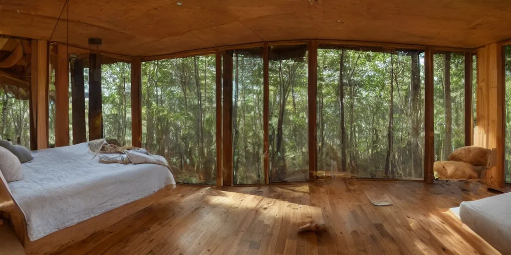 Image similar to interior of an epic treehouse. modern design, window viewing forest canopy, wooden bridge