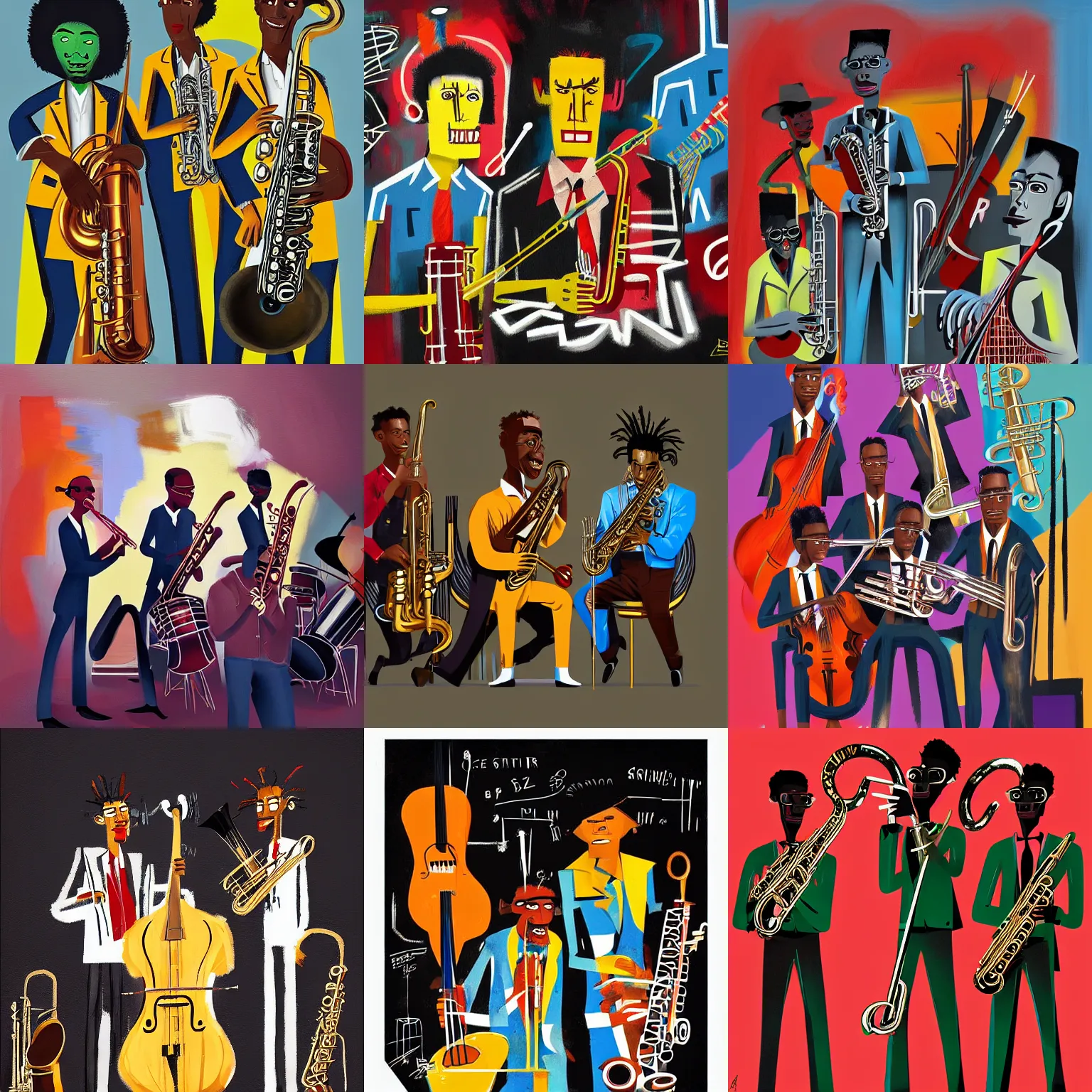Prompt: jazz band, by aboudia, jean - michel basquiat and genesis tramaine, trending on artstation, cgsociety, deviantart
