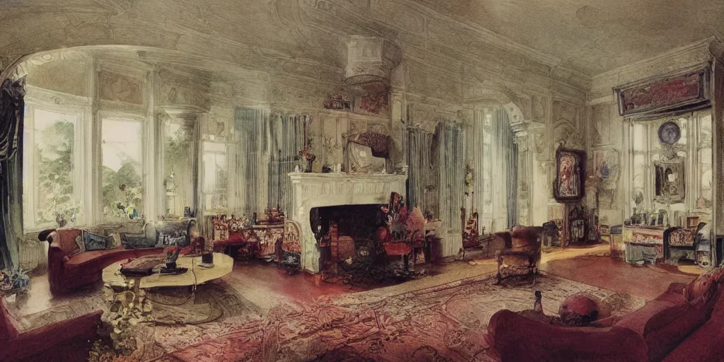 Prompt: a hiper intricate watercolor of a beatiful modern indoor living room, extremely detailed, sharp focus, wide view, detailed rought paper, digital illustration, colorfull, by william turner art, by greg rutowski, by edmund dulac