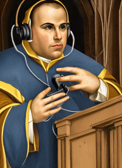 Image similar to photograph of saint thomas aquinas recording a podcast wearing headphones 8k UHD detailed 85mm CANON EOS