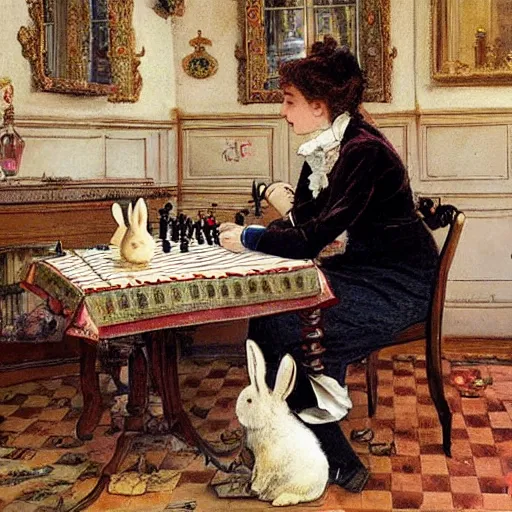 Image similar to a young edwardian woman playing chess against a rabbit in a beautiful victorian living room, in the style of Carl Larsson