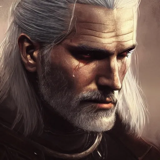 Prompt: geralt of rivia with long beard and intense eyes, scarred, close up, rim lighting, portrait, sinister atmospheric lighting. highly detailed painting by greg rutkowski, anime style