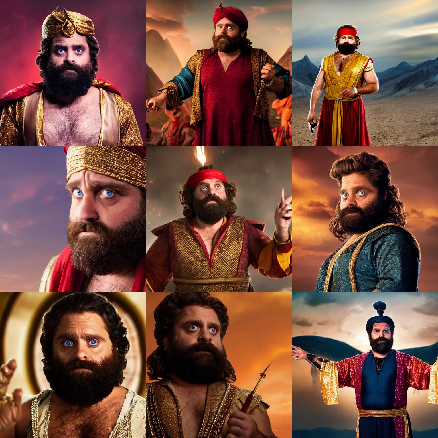 Prompt: zach galifianakis as jafar from aladdin, detailed, portrait photograph, 8 k hdr movie still, dynamic lighting