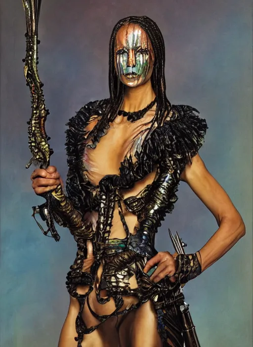 Prompt: a woman with iridescent skin, pirate weapons, by van herpen, iris