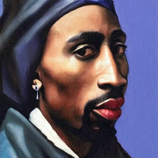 Image similar to A tronie painting of Tupac Shakur with the pearl earring by Johannes Vermeer. Tupac