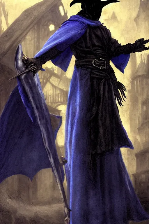 Prompt: a plague doctor with a blue robe as a d & d character, blue robe, magical, black fur armor, starwars, concept sheet, painting by gaston bussiere, demon slayer, akiri toriyama, dramatic lighting, anime