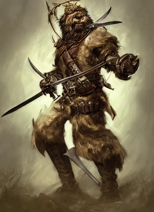 Image similar to photorealistic bugbear ranger holding sword on fire, magic, black beard, dungeons and dragons, pathfinder, roleplaying game art, hunters gear, jeweled ornate leather and steel armour, concept art, character design on white background, by sargent, norman rockwell, makoto shinkai, kim jung giu, artstation trending, poster art, colours red