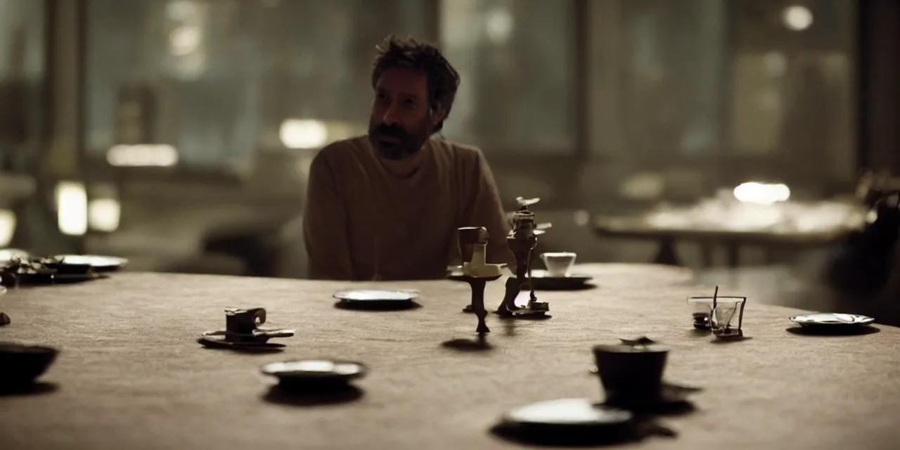 Image similar to a strange creature sits at a table, film still from the movie directed by Denis Villeneuve with art direction by David Cronenberg, close up, telephoto lens, shallow depth of field