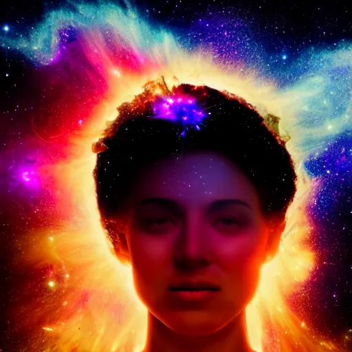 Prompt: a portrait of half a female face with a nebula explosion in a space environment