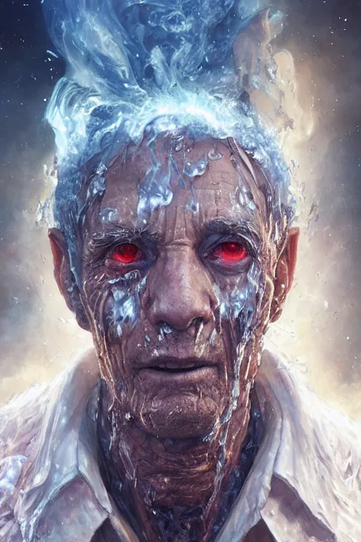 Image similar to the look of an elderly person, necromancer, witch - doctor covered with ice exploding into fire, full of wrinkles and imperfections by artgem and greg rutkowski, highly detailed, high contrast, light reflection, trippy, nebula, trending on artstation