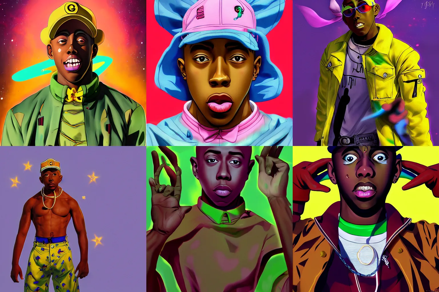 Prompt: tyler the creator, from jojos bizarre adventure amongst the stars and space, digital art, anime, artstation, trending on artstation, high resolution, 4 k