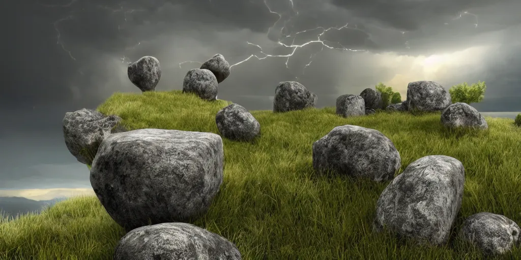 Prompt: Photorealistic epic landscape with magically floating rocks, with ominous storm clouds, strange levitating stones, a gentle rising mist. photorealism, UHD, amazing depth, glowing, golden ratio, 3D octane cycle unreal engine 5, volumetric lighting, cinematic lighting, cgstation artstation concept art