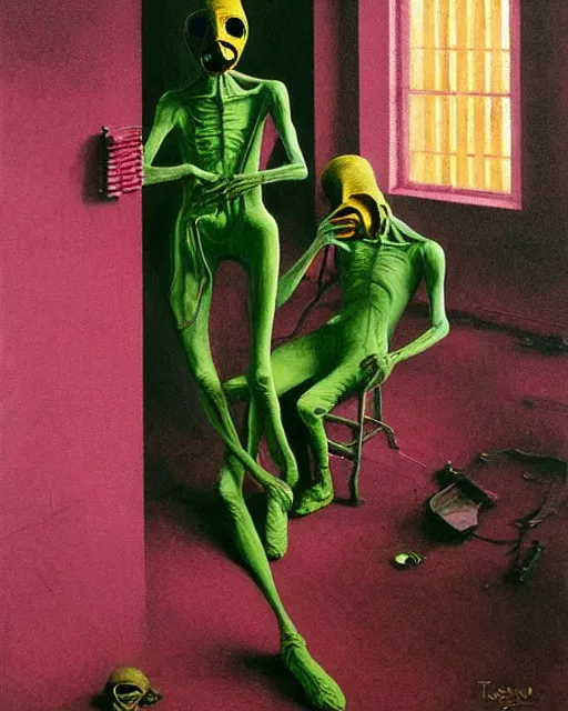 Prompt: Two skinny dark figures wearing golden gas masks, draped in silky pink and green, exhausted sadness, inside a ruined surgical room, the world is on fire, loss and despair, in the style of Francis Bacon, Esao Andrews, Zdzisław Beksiński, !!!Edward Hopper!!!, surrealism, art by Takato Yamamoto and James Jean