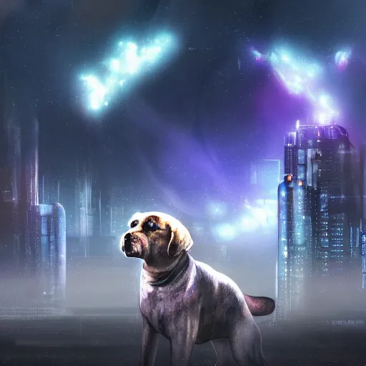 Image similar to dog nebula above cyberpunk planet