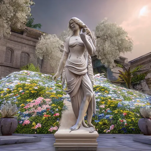 Image similar to a marble statue covered in flowers, full frame, cinematic light, 8k, unreal engine,