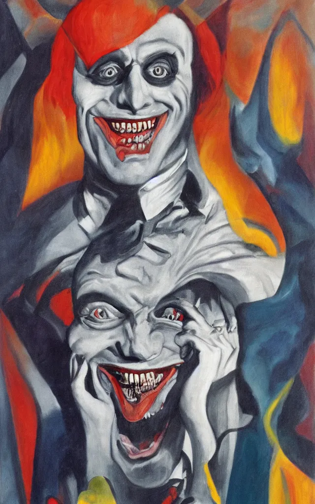 Image similar to portrait of conrad veidt the man who laughs wide grin, award winning oil surrealist painting, sharp color palette