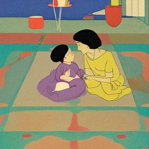 Image similar to A beautiful installation art harmony of colors, simple but powerful composition. A scene of peaceful domesticity, with a mother and child in the center, surrounded by a few simple objects. Colors are muted and calming, serenity and calm. stuckism, rendered in octane by Rumiko Takahashi, by Charles Robinson