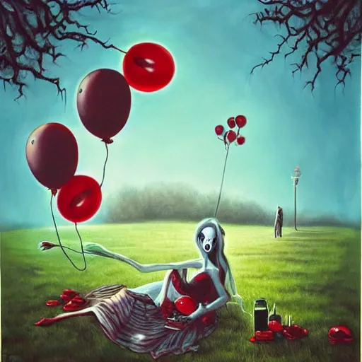 Image similar to grunge painting of a picnic with a wide smile and a red balloon by chris leib, loony toons style, pennywise style, corpse bride style, horror theme, detailed, elegant, intricate, conceptual, volumetric light