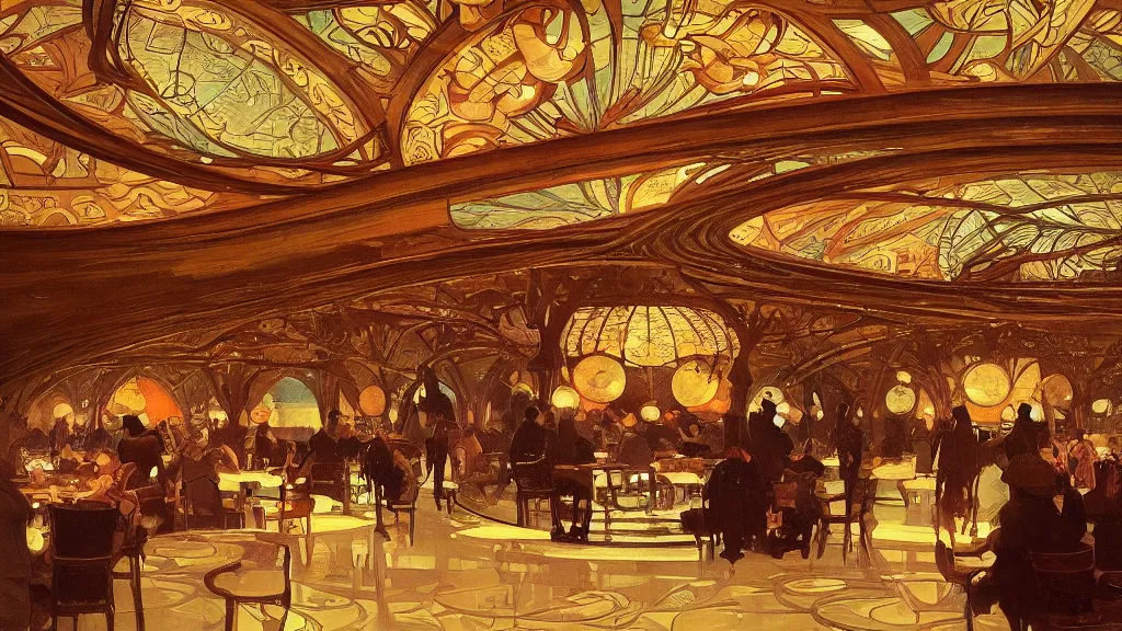 Image similar to a beautiful painting of the view from the river of the interior of a round restaurant designed by frank lloyd wright, at night with a sky full of stars, intricate, elegant, highly detailed, digital painting, artstation, concept art, by krenz cushart and artem demura and alphonse mucha