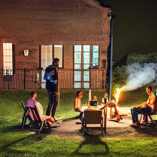 Image similar to It's a deep night, in the yard, in the distance two guys are grilling kebabs and chatting about the meaning of life, in the foreground on the left by the garage wall is a long table and two long benches with six girls and four guys sitting on them, one guy has an acoustic guitar and another guy is vaping, and to the right in the foreground is a vegetable garden, and one guy stepped in the bed by accident, and the other two guys are pulling him out of it, sharp focus, fantasy style, octane render, volumetric lighting, 8k high definition, by greg rutkowski, highly detailed, trending on art Station