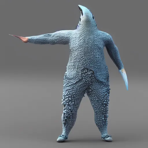 Image similar to 3 d render, hyper realistic anthropomorphic shark, male, clothing made from seaweed.