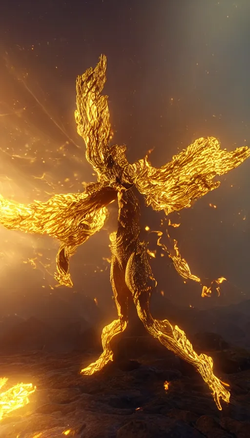 Prompt: a god made of golden fire, octane renderer, unreal engine, hyper realistic, volumetric lighting