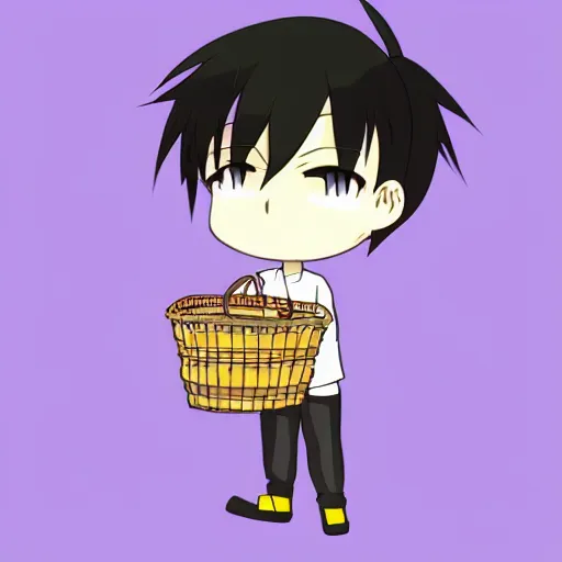 Image similar to a cute anime style boy holding basket on his shoulder, full body ,chibi ,kawaii, hyperreal