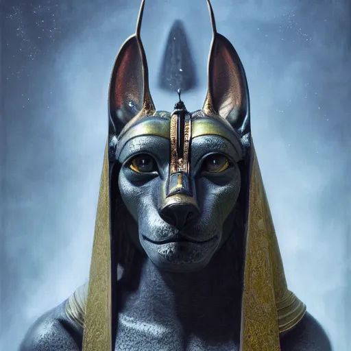 Image similar to portrait of anubis, intricate artwork, concept art, octane render, deviantart, cinematic, key art, hyperrealism, iridescent accents, portrait photograph, nikon 3 5 mm, photograph by greg rutkowski