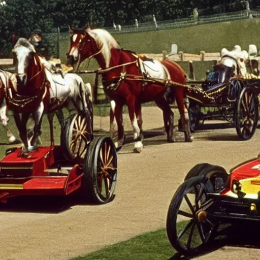 Prompt: lady catherine de bourgh from pride and prejudice drives her barouche box pulled by two horses on the formula 1 circuit of le mans. she is surrounded by ferrari cars one of them driven by steve mcqueen. cinematic, technicolor, highly intricate