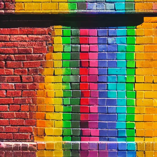 Image similar to a brick wall with rainbow coloured bricks