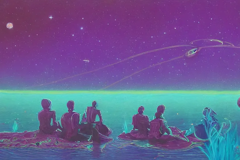 Prompt: surreal painting by chesley bonestelll!!, twelve an astronaut sitting near a river + psychedelic vegetation + purple, pink, blue + planets and stars + mystic fog, 5 0's vintage sci - fi style, rule of third!!!!, line art, 8 k, super detailed, high quality