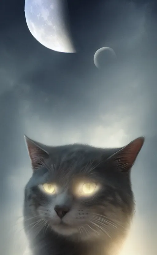 Image similar to a grey cat with blue eyes looks at the moon, volumetric lighting, glowing lights, 4k, octane, digital painting, artstation, concept art, sharp focus, illustration, cinematic film still, art by artgerm and greg rutkowski and alphonse mucha , wide angle view,