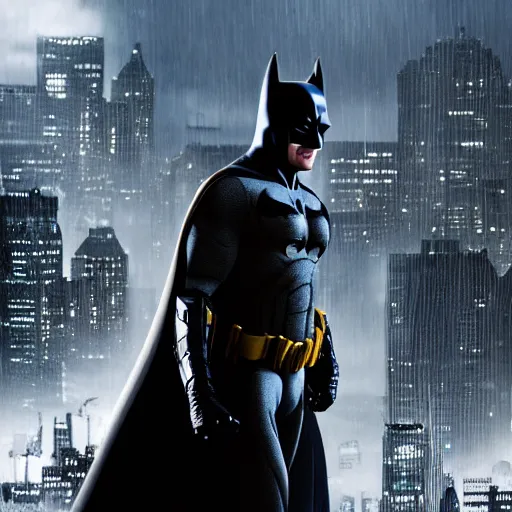 Image similar to hyper realistic photograph of Batman played by Mr. Bean, 4k, Carl Zeiss, sigma, Tamron so 85mm, stunning gotham city backdrop, gritty, detailed set design, award winning costume design, cinematic, action scenes