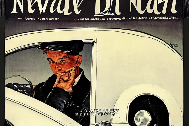 Prompt: a man in car cockpit opening the door wearing a newsboy cap, magazine design, white background, by norman rockwell