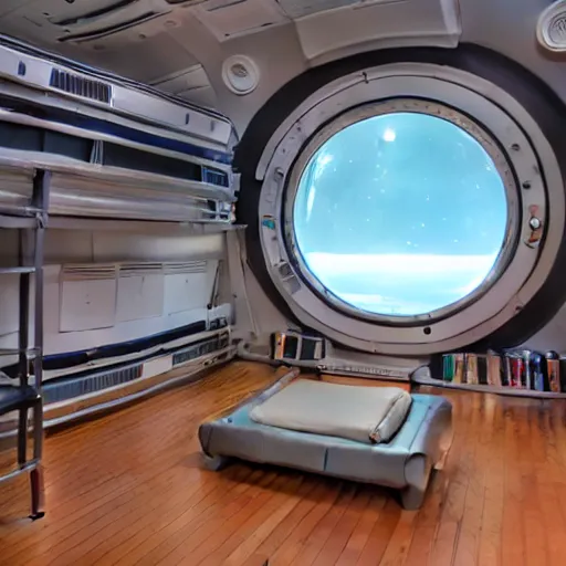 Prompt: Room of a spacecraft, with a bunk, photo realistic, playing, CGI, Unreal Engine, Hdri