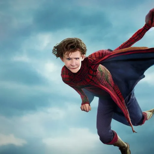 Image similar to tom holland as harry potter flying on dragon, close up, photo