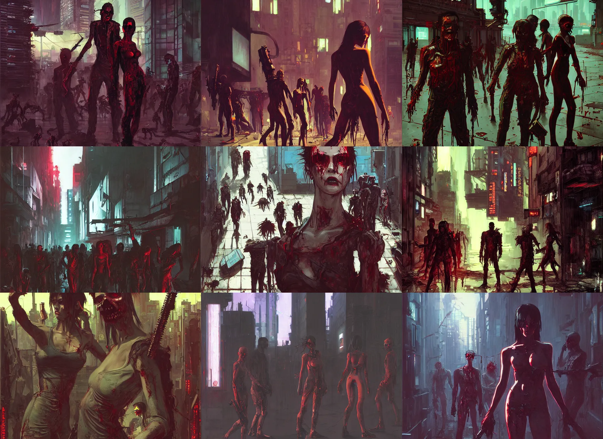 Prompt: A cyberpunk zombie horde painted by John William Waterhouse and Ilya Kuvshinov and Edward Hopper. HD