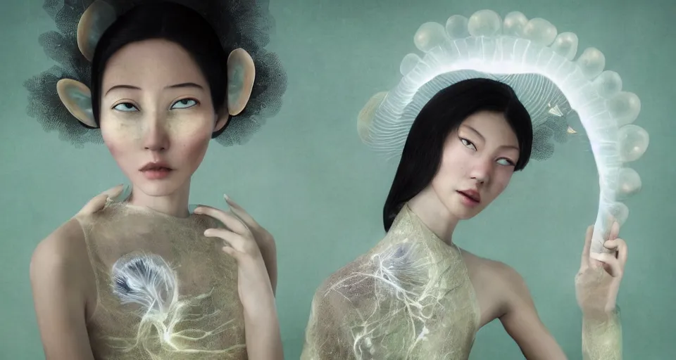 Prompt: closeup shot of asian female wearing a luminous soft fragile jelly fish dress, by ray caesar, by louise dahl wolfe, by andrea kowch, by anna claren, surreal photography