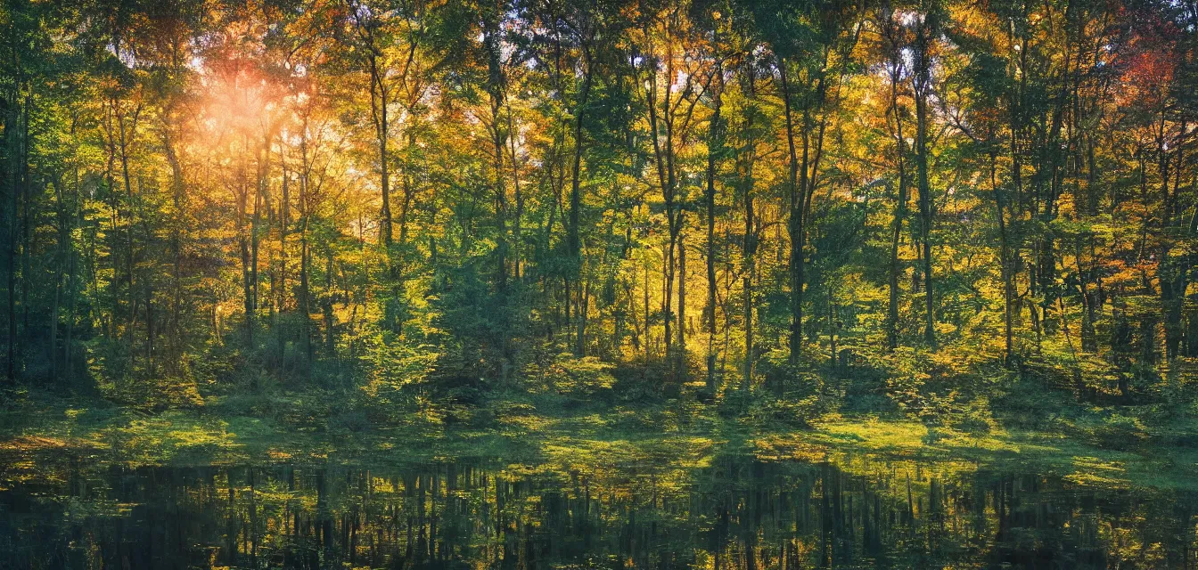 Prompt: sparse stone cottages underneath a dense tall forest, pristine ponds. fine painting intricate brush strokes, bright depth oil colors. 2 8 mm perspective photography by araken alcantara. intense promiseful happiness, autumn sunrise warm light. hopeful environment of bodyscapes