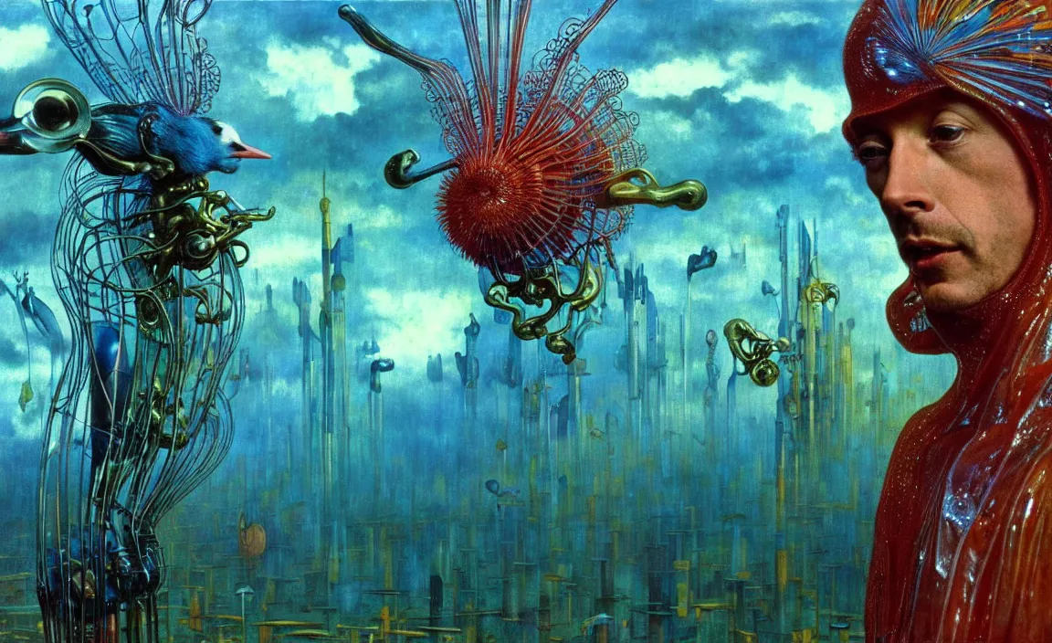 Image similar to realistic detailed portrait movie shot of a birdman wearing glossy sheer raincoat, sci fi city landscape background by denis villeneuve, amano, yves tanguy, alphonse mucha, ernst haeckel, max ernst, roger dean, masterpiece, rich moody colours, dog teeth, blue eyes