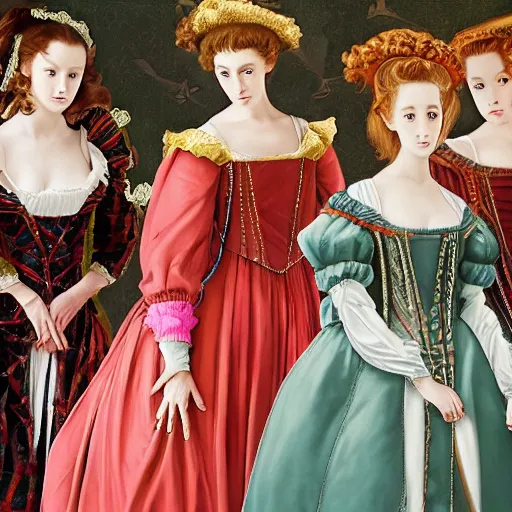 Image similar to group of Young ladies full length shot wearing renaissance dresses in the style of baroque manga realism 8K, background chaotic