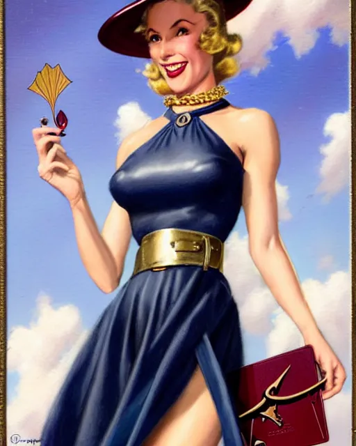 Image similar to a beautiful lady on a magic the gathering card by magali villeneuve and gil elvgren, crisp details, hyperrealism, smiling, happy, feminine facial features, stylish navy blue heels, gold chain belt, cream colored blouse, maroon hat, windblown, holding a leather purse, mtg card, mtg