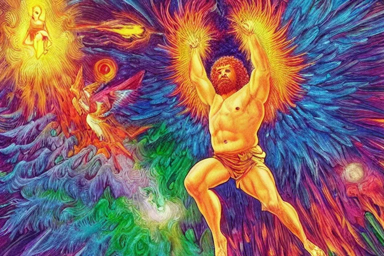 Image similar to bird's eye view of a god transubstantiating into a human being, highly detailed, realistic, as drawn by bob ross and lisa frank