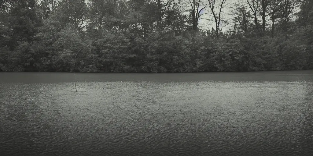 Image similar to centered photograph of an infinitely long rope zig zagging across the surface of the water, floating submerged rope stretching out towards the center of the lake, a dark lake on a cloudy day, color film, trees in the background, hyperedetailed photo, anamorphic lens