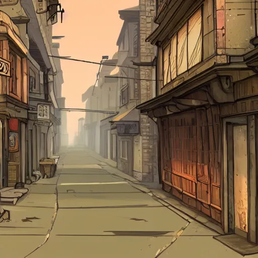 Prompt: a quiet street at dawn in the style of Broken Sword: 2